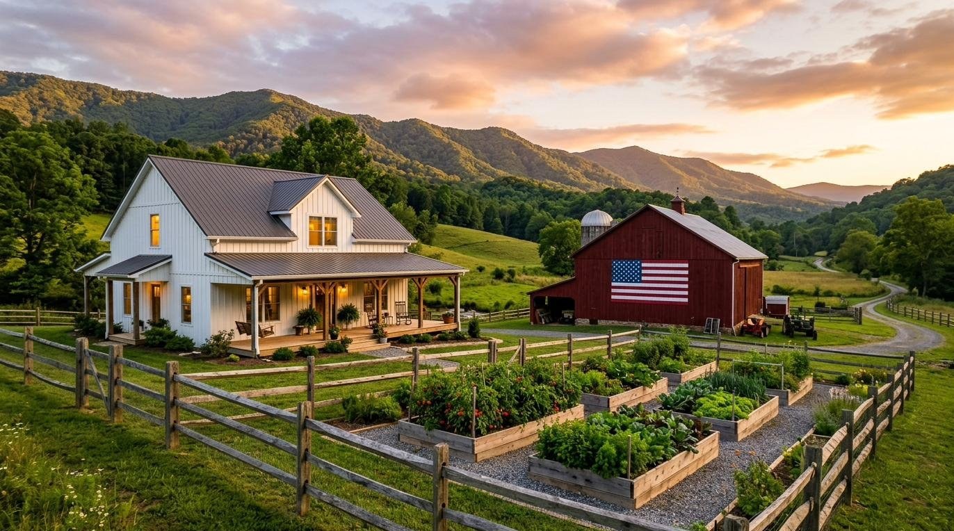 American homestead farmhouse at sunset